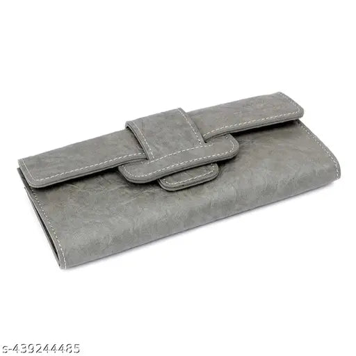 A gray leather clutch wallet with a flap design, suitable for daily use