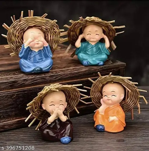 Trading Polyresin Monk Hat Buddha Idols (Set of 4), Indian art for car dashboard and home decor