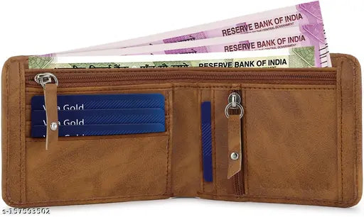 Tan faux leather casual evening party wallet, Sonrisa Men 5 card slots, practical with two zip pockets and one main compartment. Ideal gift for men and friends. Made in India