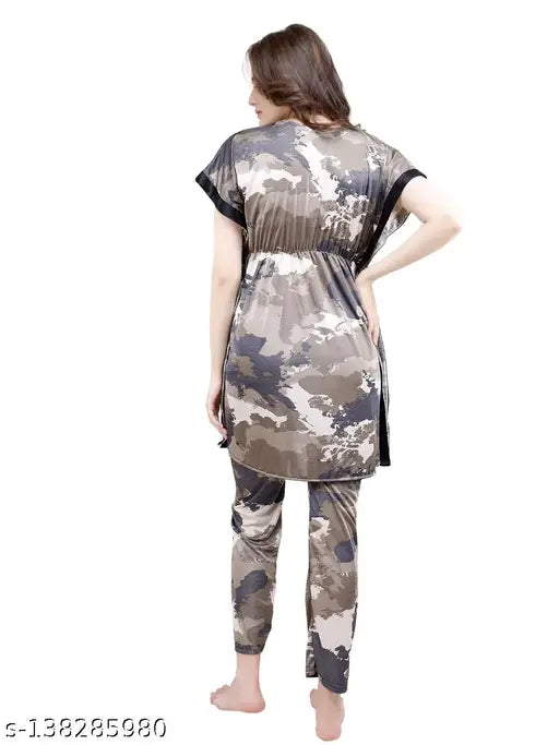 Indian-made, printed net satin nightsuit with short sleeves and pyjama style for women