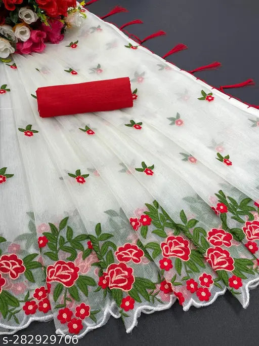 Orange organza sari with unstitched blouse in dupion silk, embroidered work on net fabric