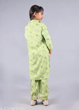 Misbis girls rayon printed kurta and pyjama set, calf length straight top with three-quarter sleeves and frill hem, best for weddings, parties, and festivals, India origin