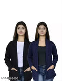 Black and navy blue cotton blend women's winter shrug set, solid pattern on long sleeves