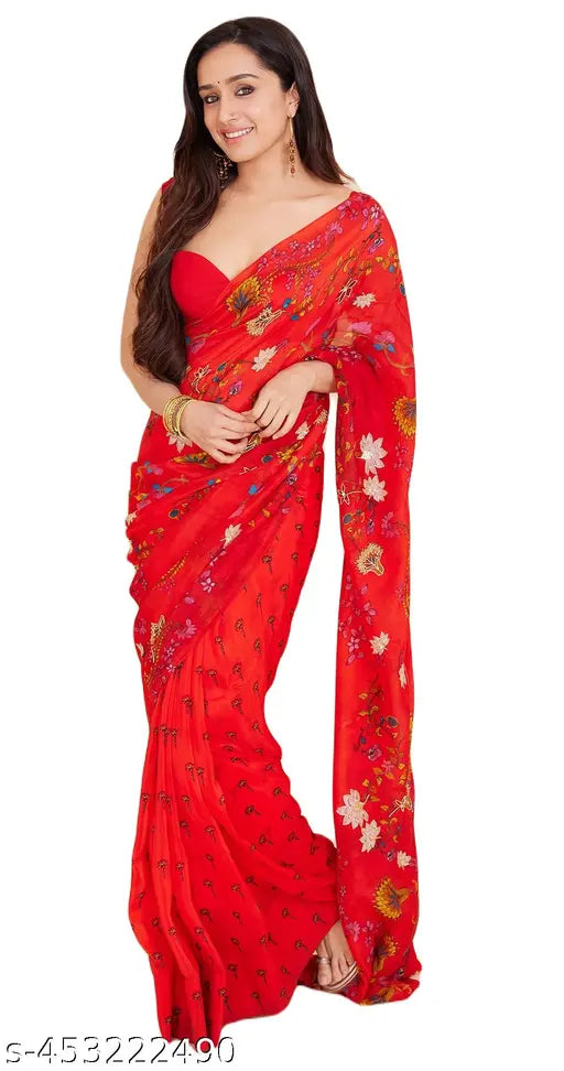 Red Georgette printed saree with separate unstitched blouse piece (Free Size), inspired by Shraddha Kapoor's style from India