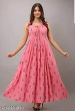 Stylish flared rayon kurti gown with printed design, sleeveless and available in multiple sizes from S to 4XL