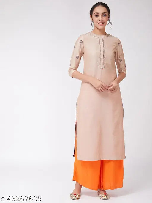 Pastel viscose straight-fit kurta, semi-festive embroidery on Indian women's fashion