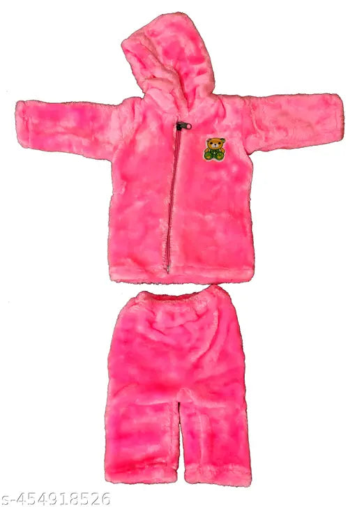 Stylish pink woolen hoodie jacket with pyjama for kids (India origin) Main image