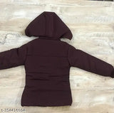 Maroon puffer jacket with a hood, zip closure