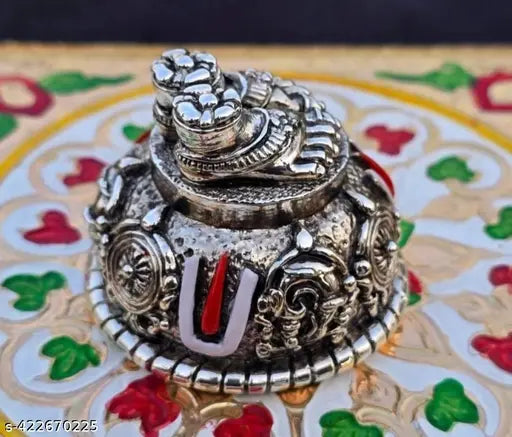 Metal Venkateswara Shanku Chakra Namam decorative showpiece for pooja room & car dashboard, Indian handcrafted Balaji Charan, 6cm x 6.5cm x 6cm