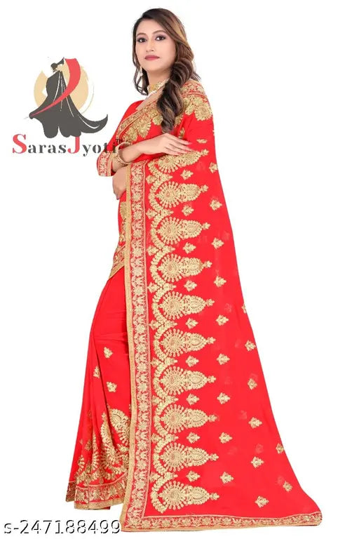 Red, designer sari with embroidery