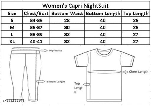 Comfy cotton night dress set, printed half sleeves top and capris with elastic drawstring waistband - India-made loungewear for relaxation and fitness