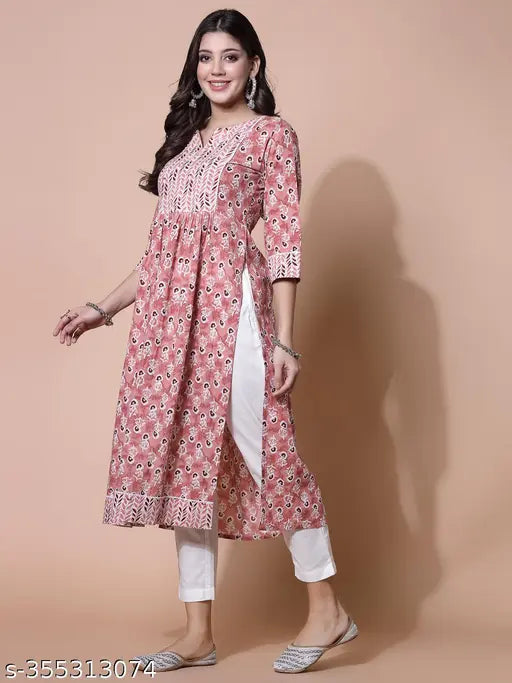 Peach cotton printed Nayra cut straight kurta for women, three-quarter sleeves, floral print with contrast white lace and waist gathers, Indian origin