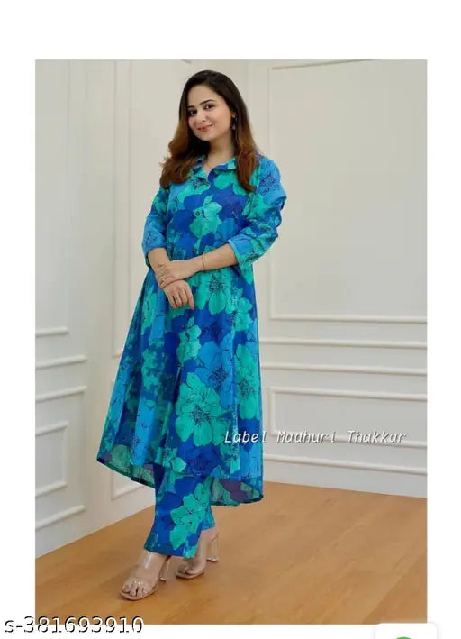 Premium blue floral Alia cut cotton kurta set with palazzos, three-quarter sleeves for women - Indian printed net style