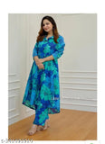 Premium blue floral Alia cut cotton kurta set with palazzos, three-quarter sleeves for women - Indian printed net style