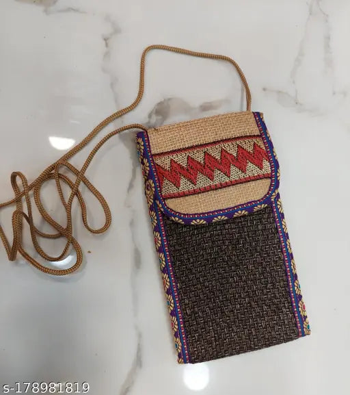 The alt text is: "Jute leather mobile cover with strap, for girls