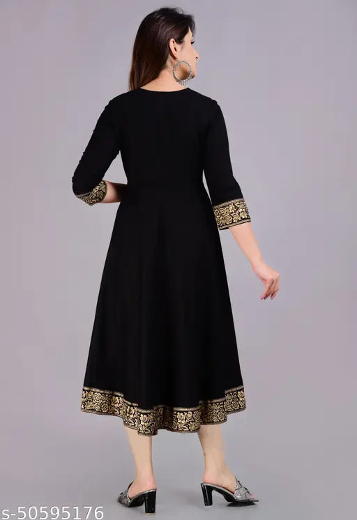 Women's long flared black kurta with embellished borders and side pockets