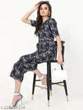 Trendy crepe jumpsuit with printed net pattern for women, three-quarter sleeves, sizes S-L. Made in India