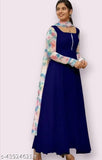 blue gown9: Georgette long-sleeved blue dress with matching dupatta, printed combination, single botamwer, S-XXL. Pastel shades, fox georgette print, perfect match for western look. Made in India
