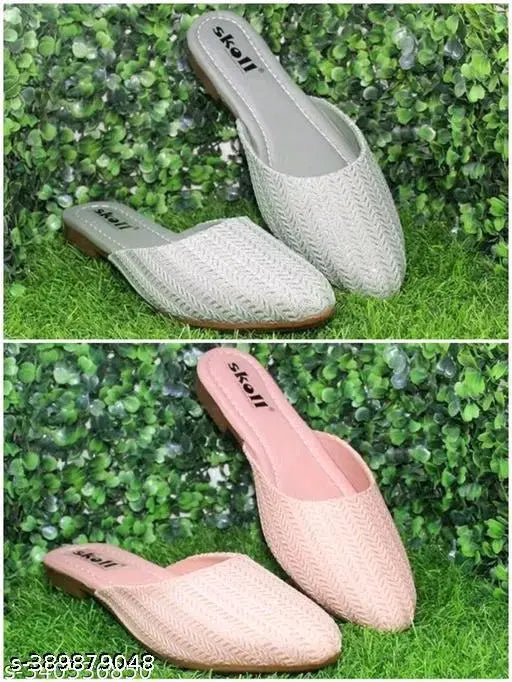 Open back bellies - designer women's fashion slippers in black and beige colors, stylish open-back design