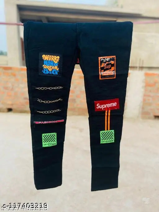 Men's black premium denim jeans with trendy placement print, ideal for parties or any occasion. Size: 28x38 (waist 28in, length 38in), also available in size 30x39 (waist 30in, length 39in). Made in India