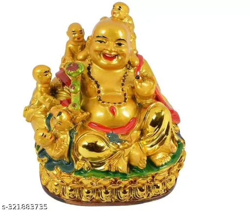 Gold laughing buddha with five children figurine