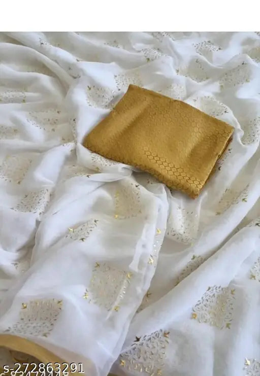Chiffon box saree with brocade blouse, printed pattern and zari woven net, Indian handloom