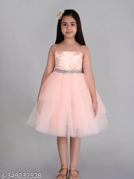 Peach embellished net dress for kids party wear, 1-2 years size, India origin