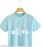 Sky blue cotton blend crop top, women's Beautiful You printed design for body positivity and self-love