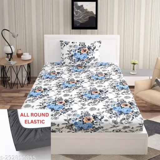 Cotton feel super soft luxury elastic single bed sheets with zipper pillow covers, floral pattern, ideal for summer use. (72 x 48 inches, depth 6-10 inches, fitted bedsheet)
