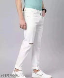 White denim knee-slit jeans by MOD MEN, size 32 with a ripped net pattern and 28" waist, 36" hip, and 41" length