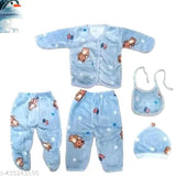 Modern silk-blend 5pc winter suit, printed design for newborns - cap included (India)