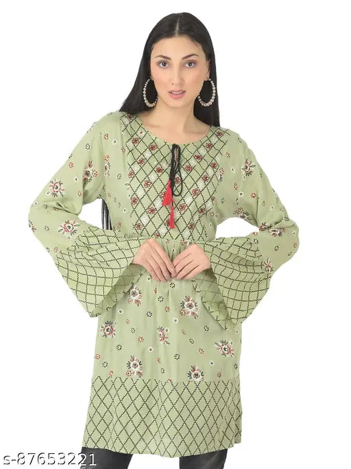 Pista Green rayon embroidered top with bell sleeves, India-made fashion