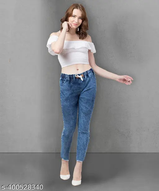 Stretchable denim side pearl blue joggers, casual women's trousers, premium fabric