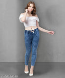 Stretchable denim side pearl blue joggers, casual women's trousers, premium fabric