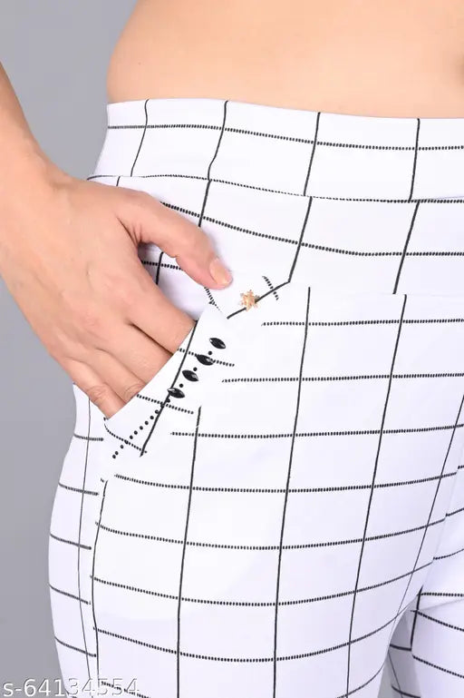 Cotton blend checked jeggings for women, flattering fit with elastic waistband, great for casual wear and outings