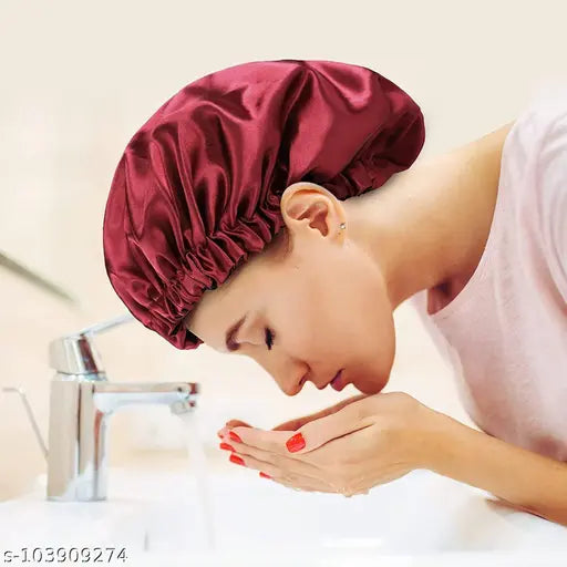 Synthetic satin bonnet cap (Burgundy), adjustable with 3 free scrunchies for hair care, self-designed pattern, suitable for all hair types and comfortable sleepwear, made in India