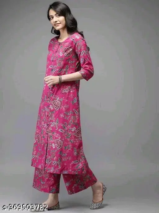 Pink rayon kurta and patiyla plazzo set, printed net three-quarter sleeve chikankari style kurti and pants for women, India origin