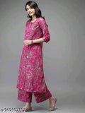 Pink rayon kurta and patiyla plazzo set, printed net three-quarter sleeve chikankari style kurti and pants for women, India origin