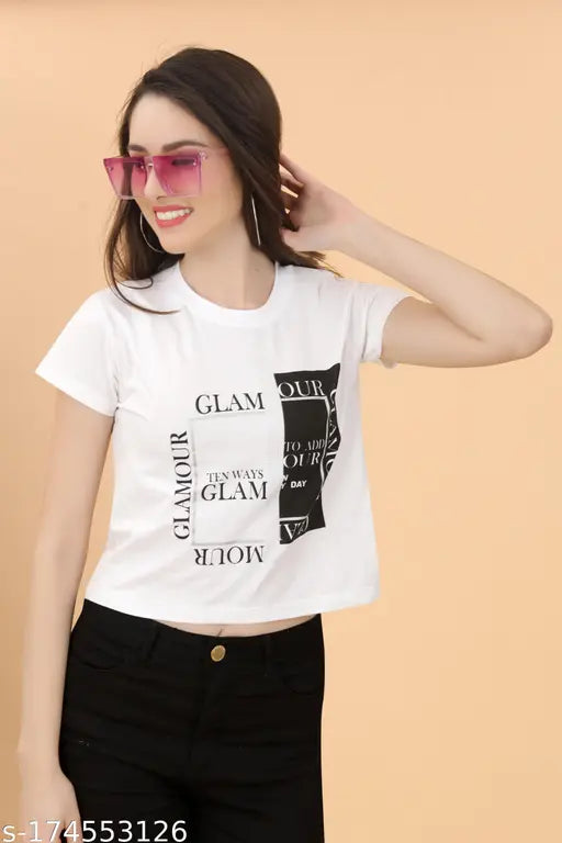 White women's stylish cotton lycra crop top (size S), printed net design with round neck, suitable for western clothing and fashion-conscious women