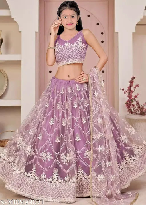 Embroidered net lehenga choli and dupatta set for girls party wear, 9-14 years, Indian embroidery on display