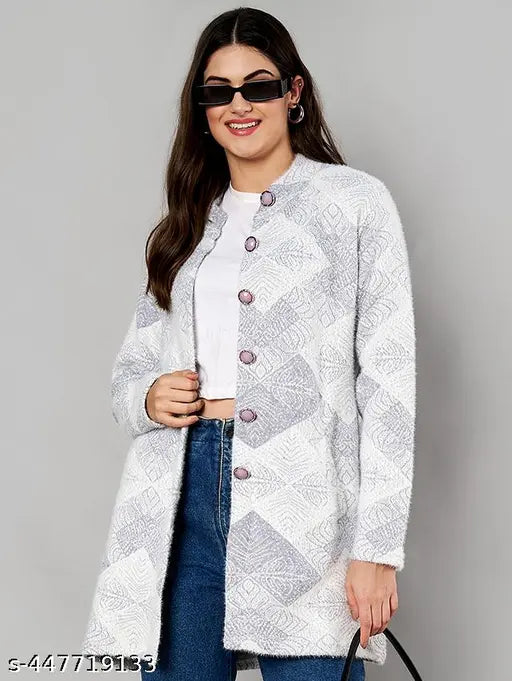 Printed round neck, long sleeve wool sweater with embroidered net pattern - eWools women's casual wear from Ludhiana, India