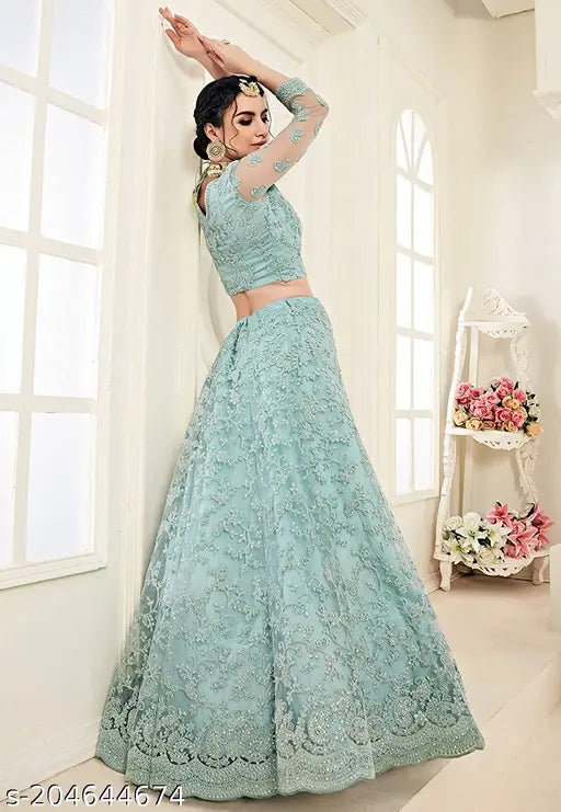 Star Colors embroidered lehenga choli with zari work, semi-stitched net fabric set for Indian traditional wear