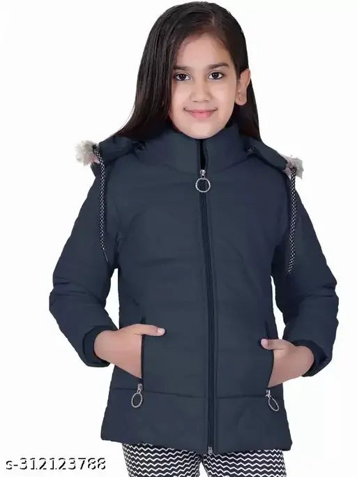 Blue padded jacket with faux fur lining and black trim