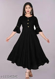Black Rayon Anarkali Kurta, solid design, traditional Indian motifs, three-quarter sleeves, formal occasion wear