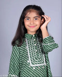 Misbis girls cotton printed kurta and pyjama set, calf length straight top with three-quarter sleeves and frill hem pyjamas, best for weddings, parties, or festivals. Ready to wear Indian girl's party wear set