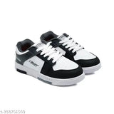 Black and white casual boys' shoe, featuring high tops with black laces and white midsoles