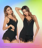 Black net short nighty for women's free size, sleeveless, flatters figure, Indian-made black baby doll lingerie