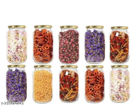 Metal gold-colored lids, round jars of assorted herbs, amrutam brand, variety, kitchen storage