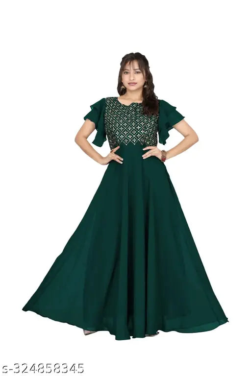 Green Georgette embellished gown for women, short sleeves with embroidery detail, India-origin fashion