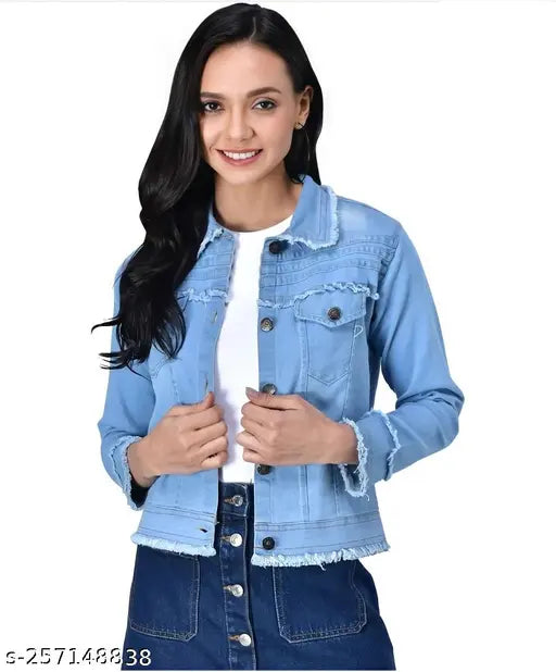 Sky blue denim jacket, solid pattern, long sleeves, S-XL sizes, great value
